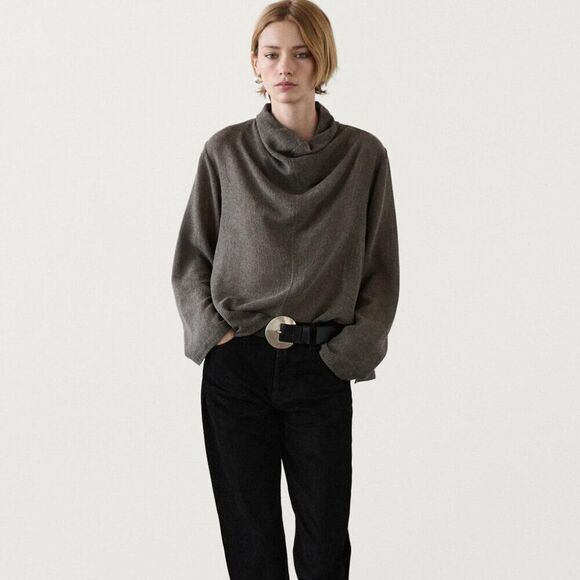 Massimo Dutti Womens Shirt Top Wool S Small Brown Funnel Neck Flowy 5131/790 NWT - Picture 1 of 16